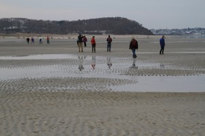 Low low tide at Crane Beach. Snow covered Castle Hill is seen in the background. In six hours the people will be gone replaced by about 12 vertical feet of cold seawater. As the Earth spins under the Sun and Moon the shore restoring cycle goes on and on. - Judy Schneider photo