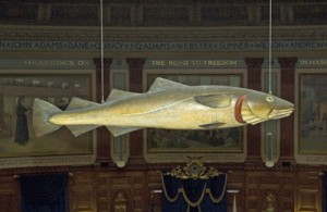The Sacred Cod is a wood carving of Gadus morhua that has hung in the seat of Massachusetts government since 1747 before the American Revolution.  The carving shown here dates from 1784 and is most likely the third. The first carving in the Old State House was destroyed in a fire in 1747.  Its replacement disappeared early in the Revolution.  After the war, the new Massachusetts legislature took up replacing the lost symbolic cod.  On March 17th 1784, John Rowe of Boston in the Hall of Representatives at the Old State House offered the motion that "leave might be given to hang up the representation of a Cod Fish in the room where the House sit, as a memorial of the importance of the Cod-Fishery to the welfare of this Commonwealth, as had been usual formerly. " The new carving was installed in the House chambers later in 1784 and moved to the current State House building in 1798 and has remained there ever since with the exception of the 1933 codnapping. – Internet photo