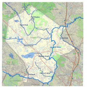 This is a map of the major streams in Middleton flowing to the Ipswich River of which nine of forty miles are shown.  -  Middleton Town Planner Katrina O’Leary put together from computer maps she added to.  